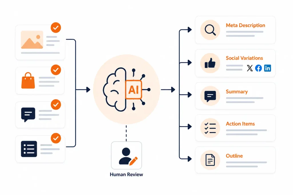 AI-assisted WordPress automation generating drafts from approved source data