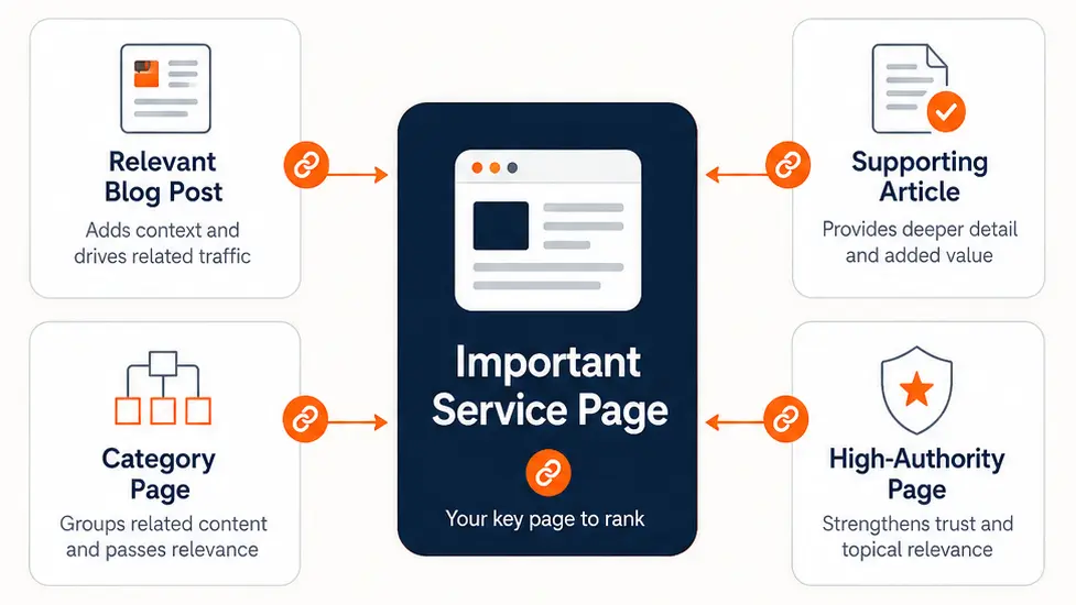 WordPress editor showing a descriptive internal link between related pages