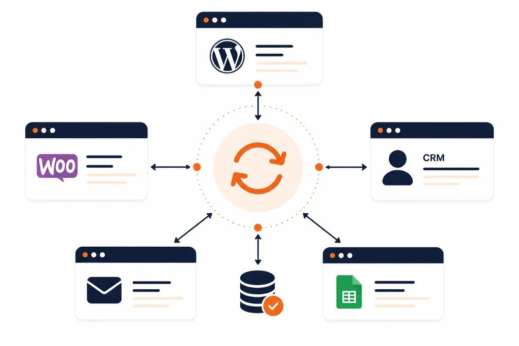 WordPress customer data synchronization workflow between connected systems