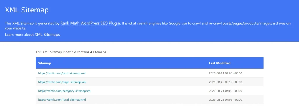 WordPress XML sitemap showing the site sitemap structure for search engines