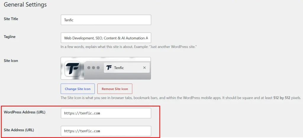 WordPress General Settings showing the WordPress Address and Site Address URLs