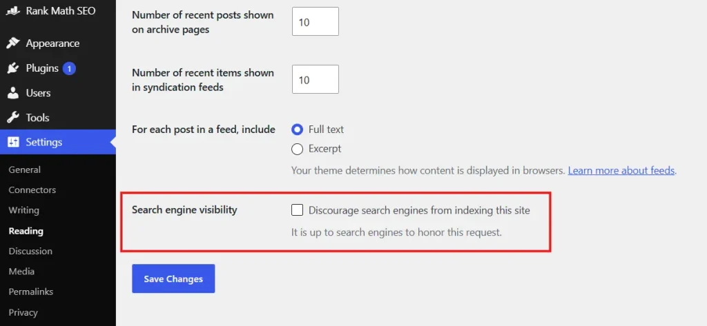 WordPress Reading Settings showing the option to discourage search engines from indexing the site