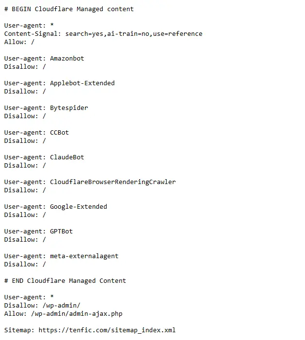 WordPress robots.txt file showing crawl rules and the XML sitemap location